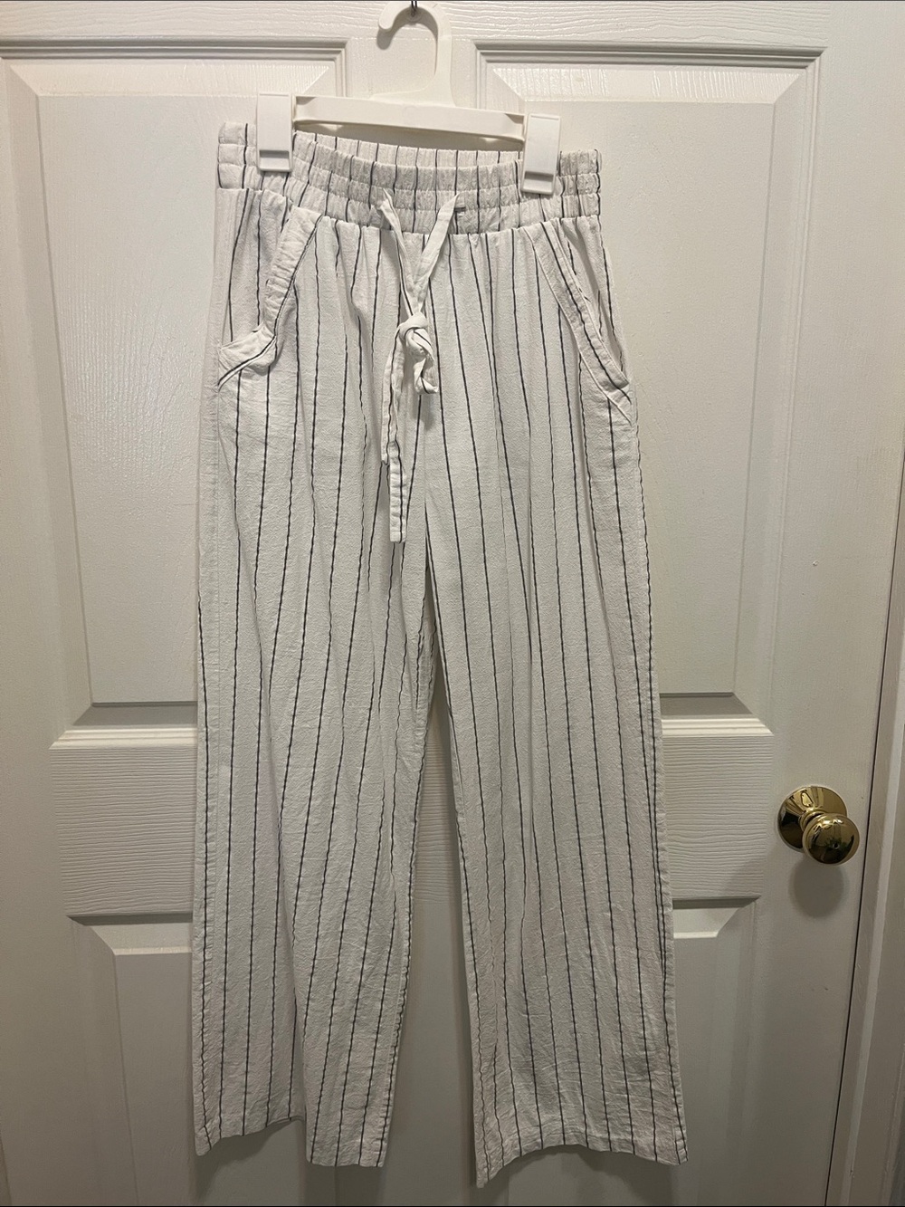 Sienna Sky White Wide Leg Drawstring Pants with Black Pinstripes